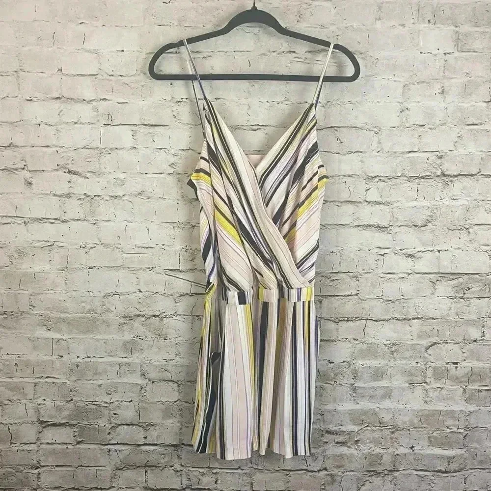 1 State Women's Medium Striped Spaghetti Strap Shorts Romper Pockets Pink Yellow